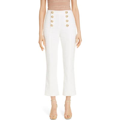 Balmain Button Detail Cotton Blend Tweed Crop Flare Pants, US / 40 FR - White