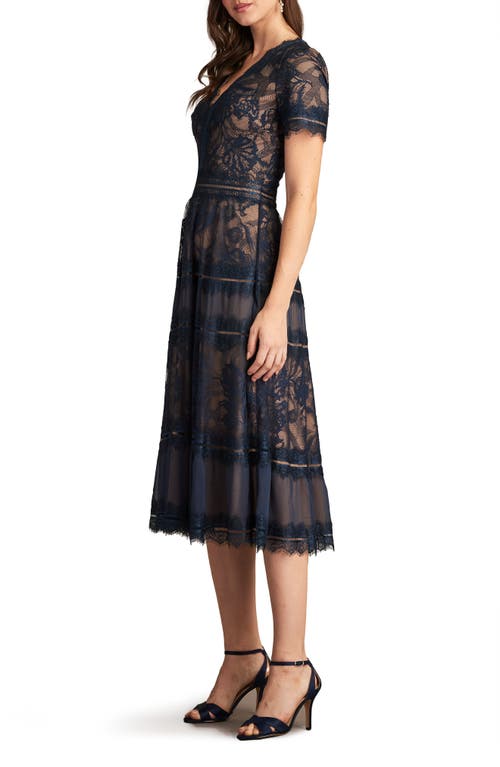 Shop Tadashi Shoji Lace & Mesh Midi Cocktail Dress In Navy/nude