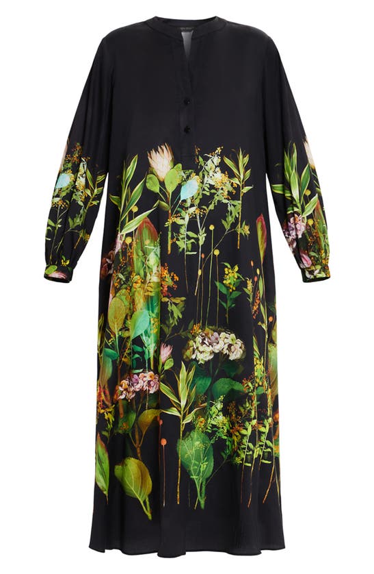 Shop Marina Rinaldi Garbata Floral Long Sleeve Satin Dress In Black