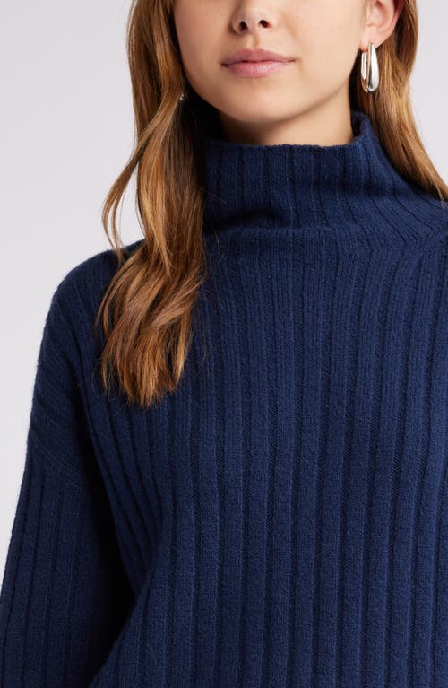 Shop Open Edit Cotton Blend Rib Funnel Neck Sweater In Navy Blazer