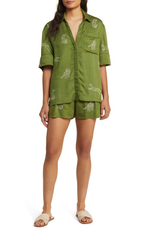 Animal Embroidered Sateen Pajamas in Green