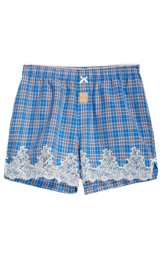 Shop Martine Rose Gender Inclusive Plaid Cotton Seersucker Boxers With Lace Detail In Blue Check