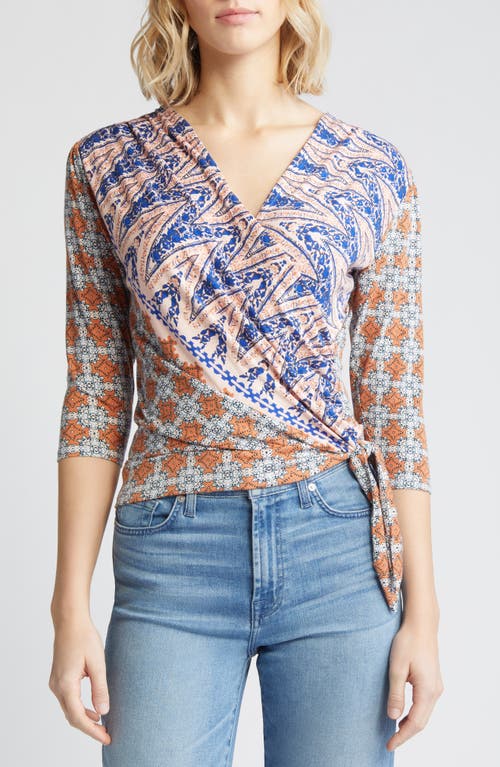 Loveappella Print Tie Waist Faux Wrap Top Blush at Nordstrom,