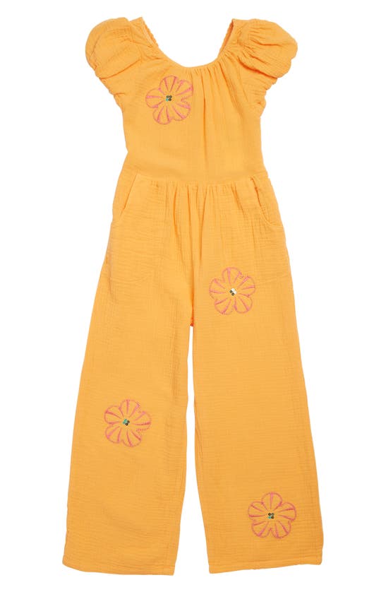 Peek Aren't You Curious Kids' Embroidered Cotton Jumpsuit In Orange
