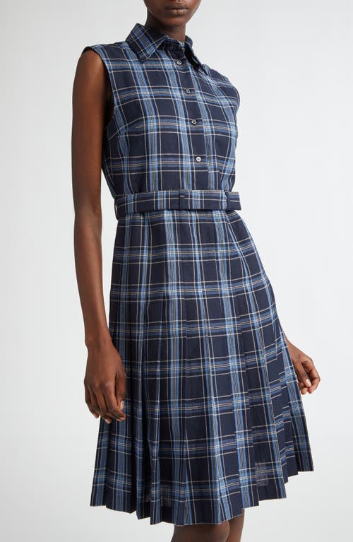 Shop Thom Browne Plaid Belted Wool & Linen Shirtdress In Dark Navy