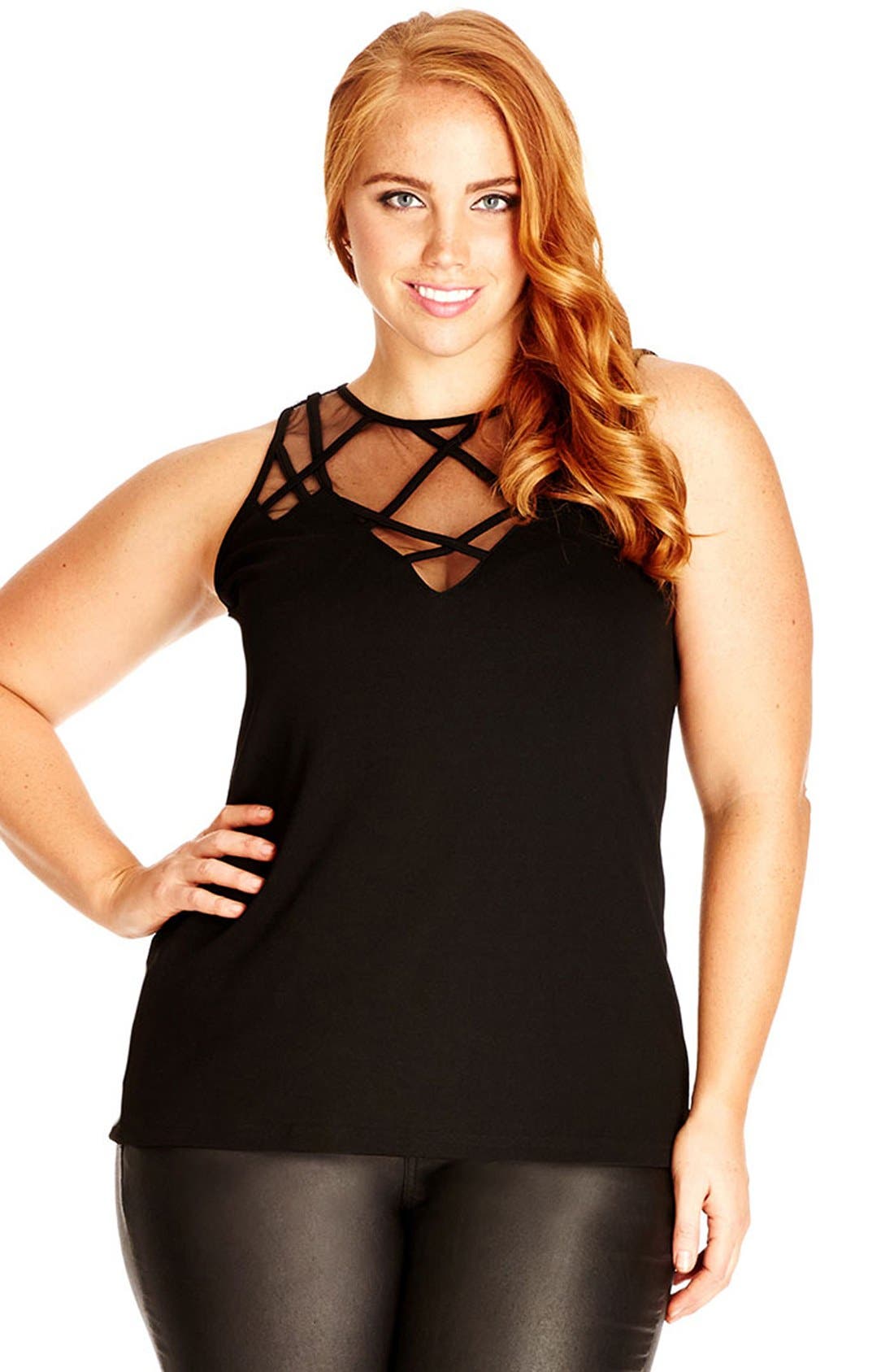 City Chic Mesh Inset Deep VNeck Top (Plus Size) Nordstrom