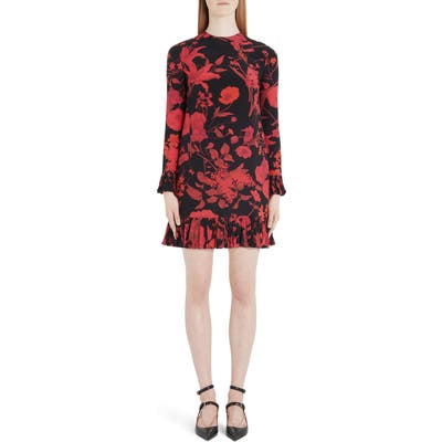 Valentino Floral Long Sleeve Silk Crepe De Chine Minidress, US / 40 IT - Black