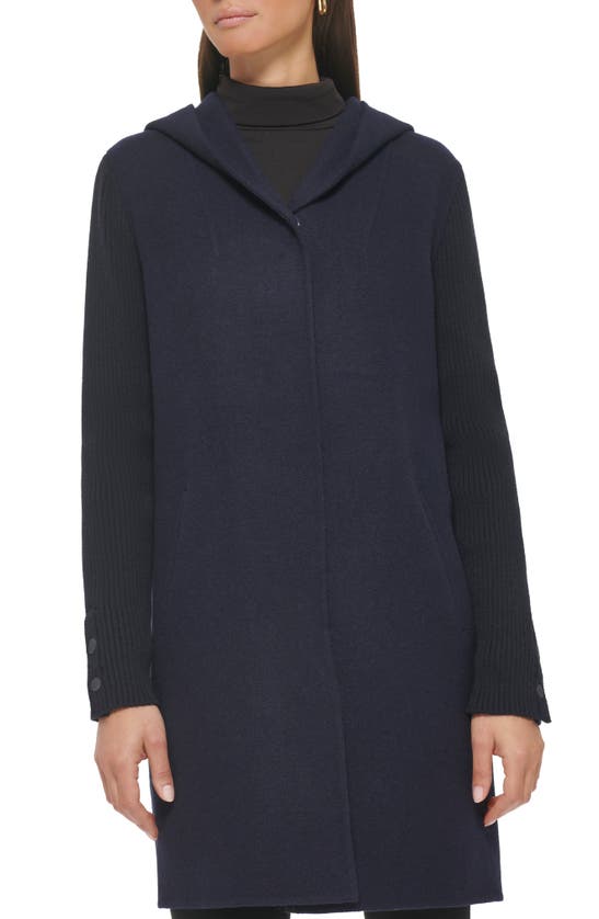 Shop Kenneth Cole New York Double Face Wool Blend Hooded Coat In Navy