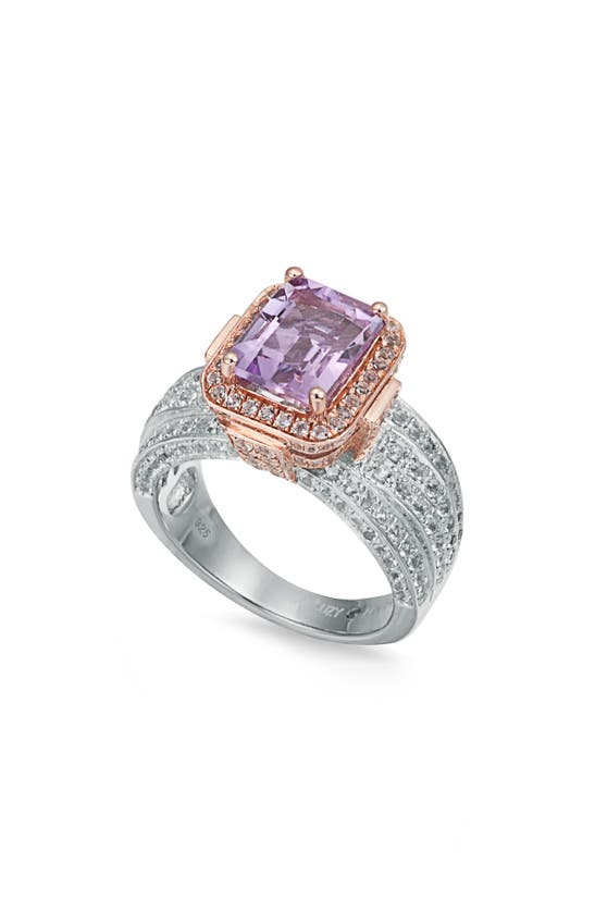 Suzy Levian Two-tone Emerald Cut Semiprecious Stone & White Topaz Halo Ring In Pink