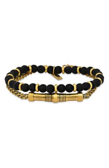 Shop Hmy Jewelry 18k Yellow Gold Beaded Bracelet Duo In 18k Gold Steel/black
