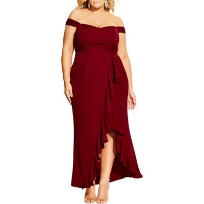 Plus Size City Chic Hypnotize Off The Shoulder Tulip Hem Dress, Red