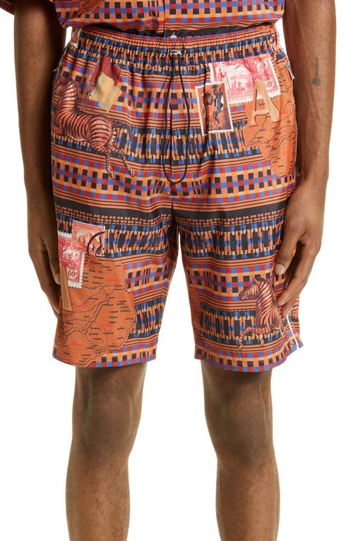 Ahluwalia Tunde Geo Map Print Recycled Polyester Swim Trunks in Brown
