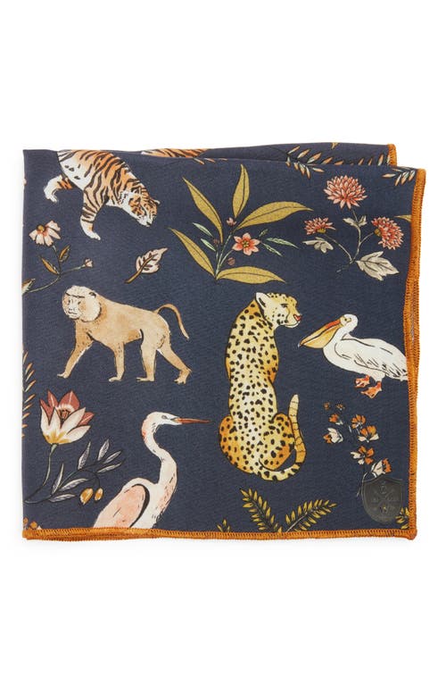 Animal Print Silk Pocket Square in Navy/Brown