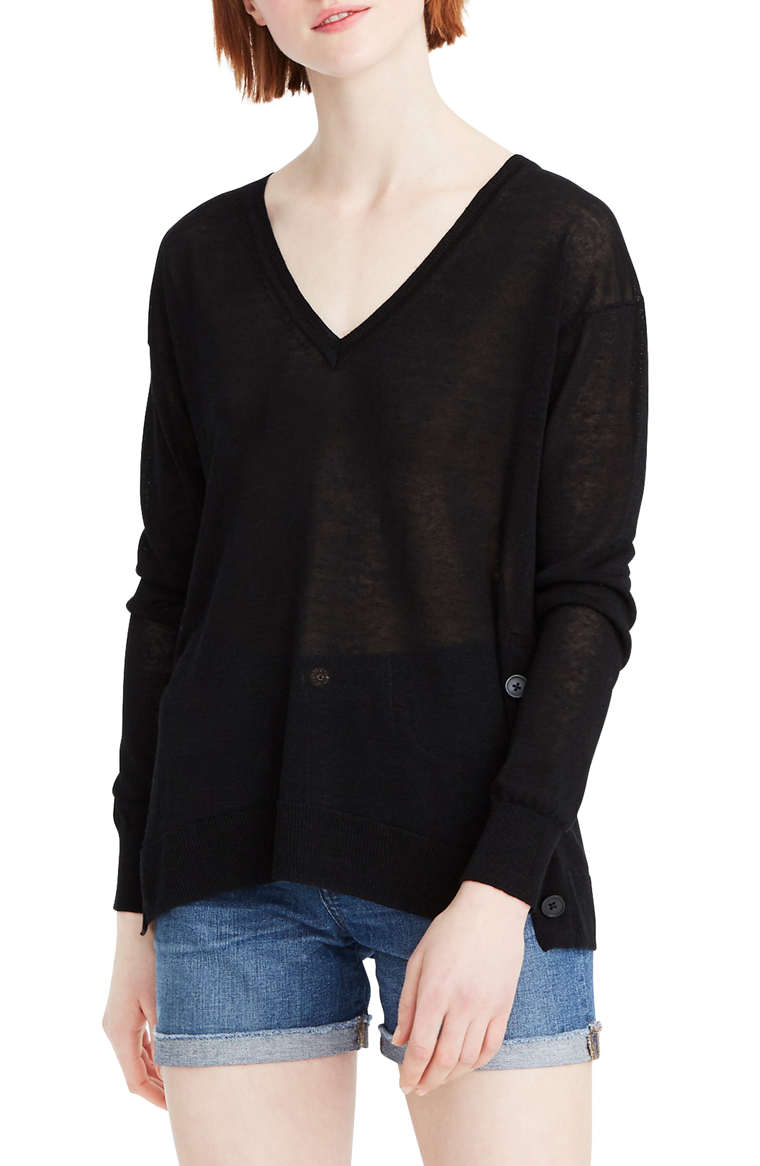 J.crew Side Button Linen Blend V-Neck Sweater, Black