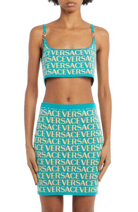 Versace All Over Logo Chenille Crop Top In Green