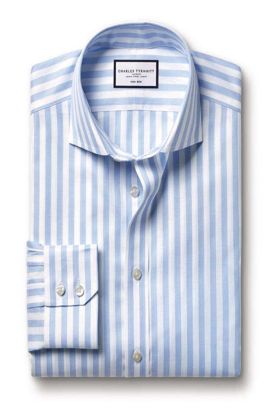 Shop Charles Tyrwhitt Wide Stripe Non-iron Twill Cutaway Slim Fit Shirt Single Cuff In Sky Blue