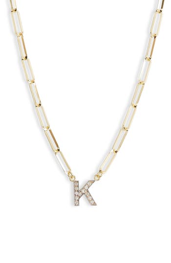 Meshmerise Diamond Initial Charm Paper Clip Chain Necklace In Gold