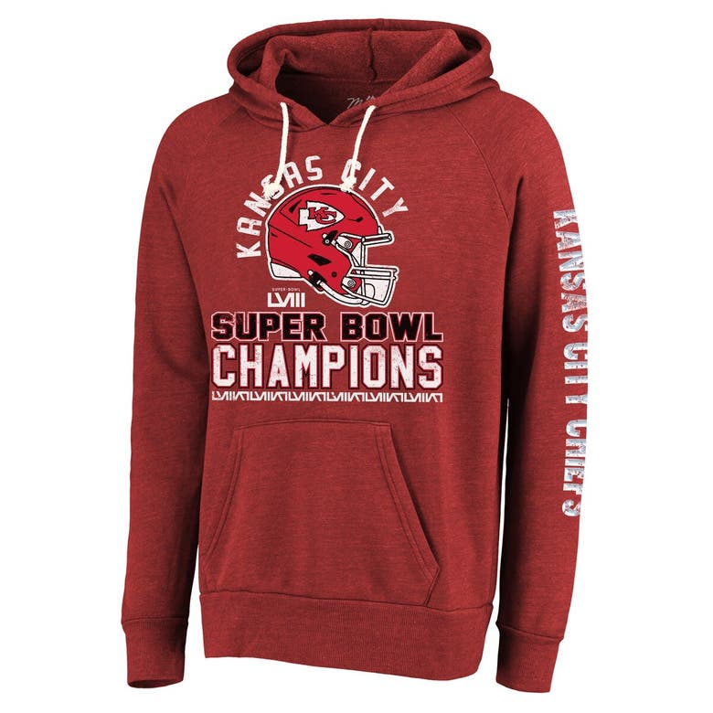 Shop Majestic Threads Red Kansas City Chiefs Super Bowl Lviii Champions Tri-blend Pullover Hoodie