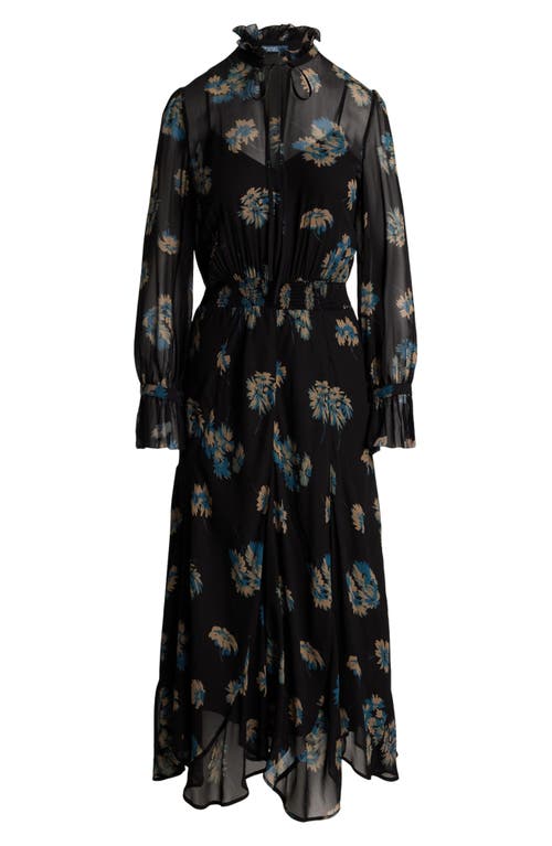 Shop Polo Ralph Lauren Floral Long Sleeve Tie Neck Midi Dress In Midnight Gardenia