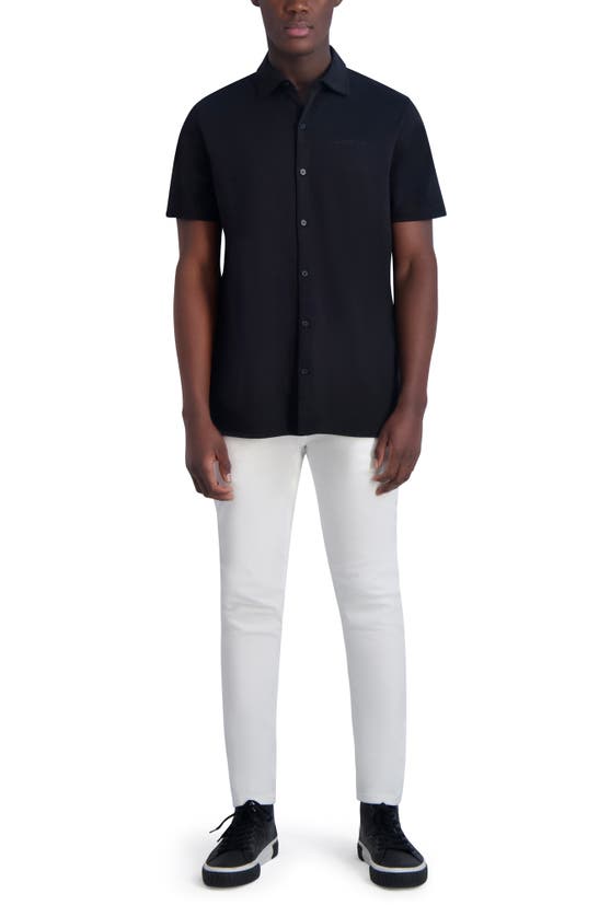 Shop Karl Lagerfeld Slim Fit Short Sleeve Cotton Knit Button-up Shirt In Black
