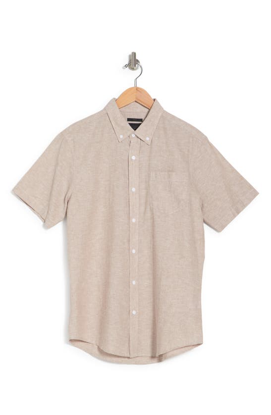 14th & Union Slim Fit Short Sleeve Linen Blend Button-down Shirt In Tan Desert- White Eoe