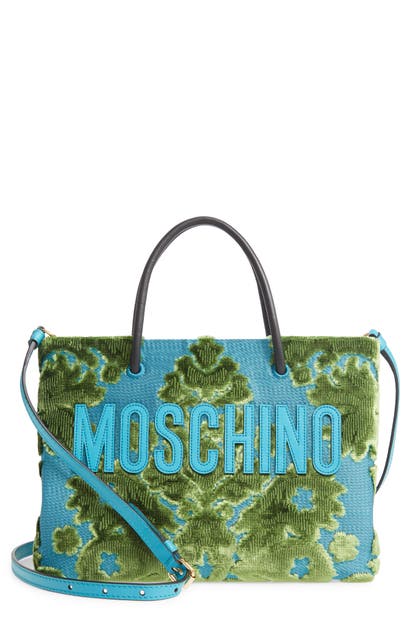 Click to view more detailed imagery on our partner's website Moschino Tapestry Chenille Jacquard Shopping Bag In Fantasy Print Light Blue