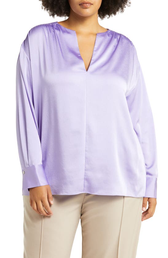 Vince Smocked Shoulder Long Sleeve Satin Blouse In Lily Stone