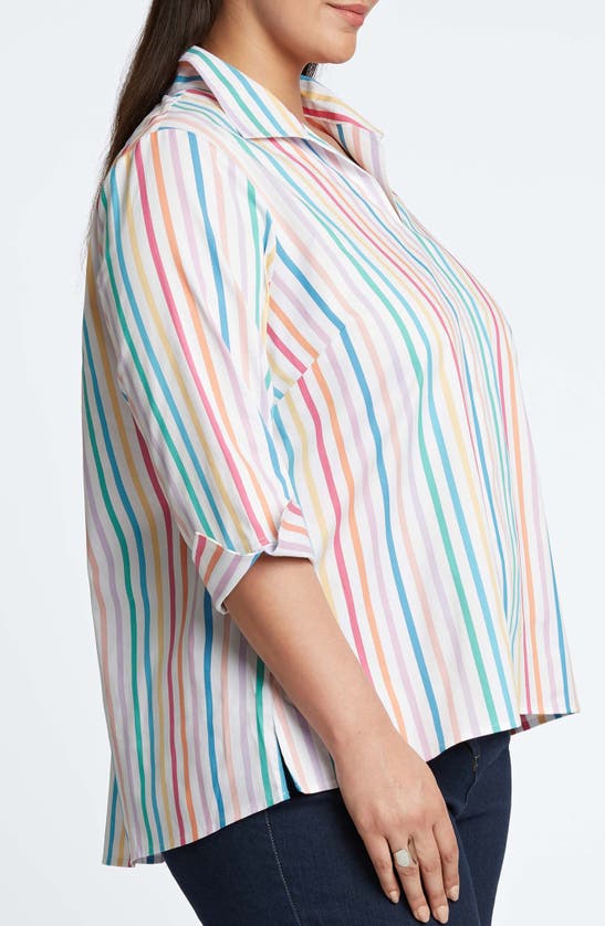 Shop Foxcroft Agnes Rainbow Stripe Three-quarter Sleeve Cotton Popover Top In White Multi Stripe