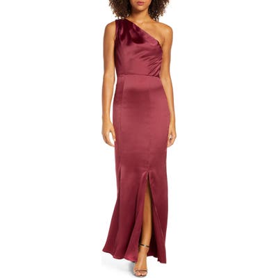 Chi Chi London Ariel One-Shoulder Satin Trumpet Gown, Burgundy