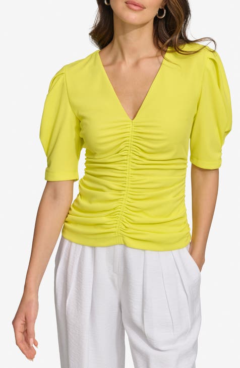 DKNY Sport DKNY SPORT Womens Yellow Slitted Cuffed Vented Step Hem Logo  Graphic Short Sleeve Crew Neck T-Shirt 1X