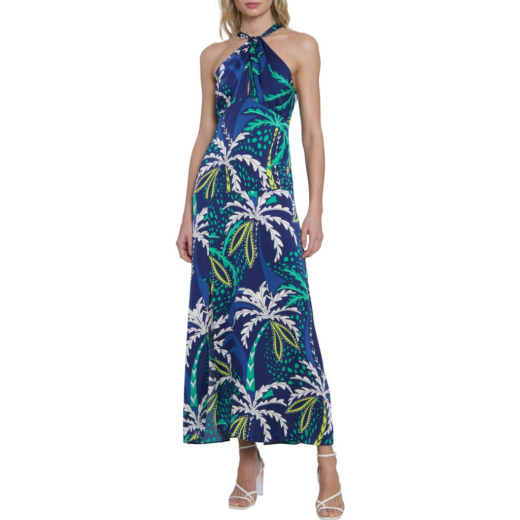 Donna Morgan For Maggy Maxi Halter Dress In Navy/ming Green
