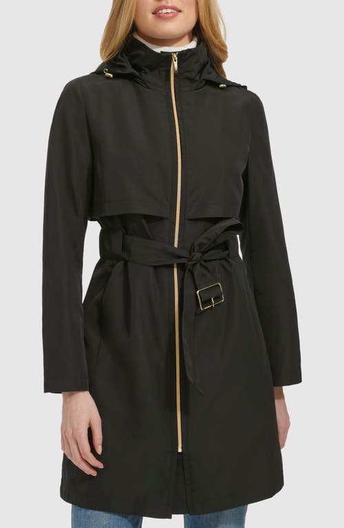 Cole Haan Belted Travel Packable Hooded Rain Jacket In Black