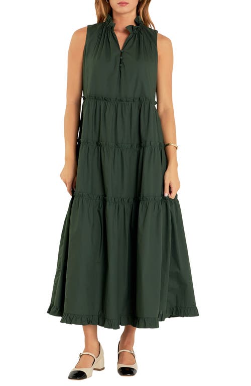 Shop English Factory Sleeveless Tiered Cotton Maxi Dress In Olive