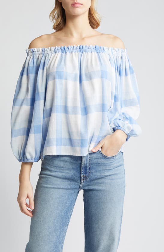 Shop Caslon Check Off The Shoulder Linen Blend Top In Blue- White Multi Check