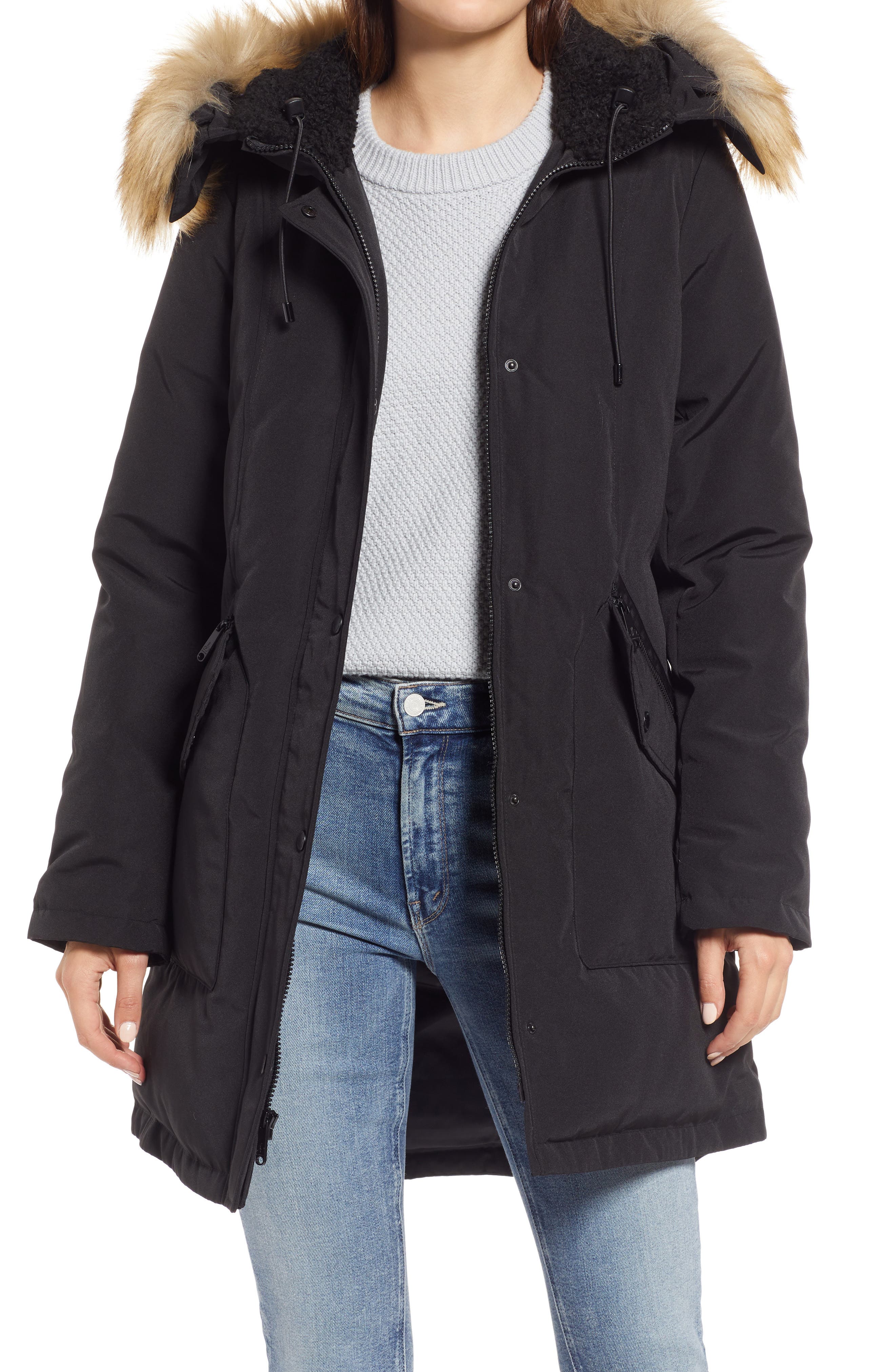 Roxy Ladies Woman's Black Fur Hooded Designer Soft Leather Duffle Jacket Coat 