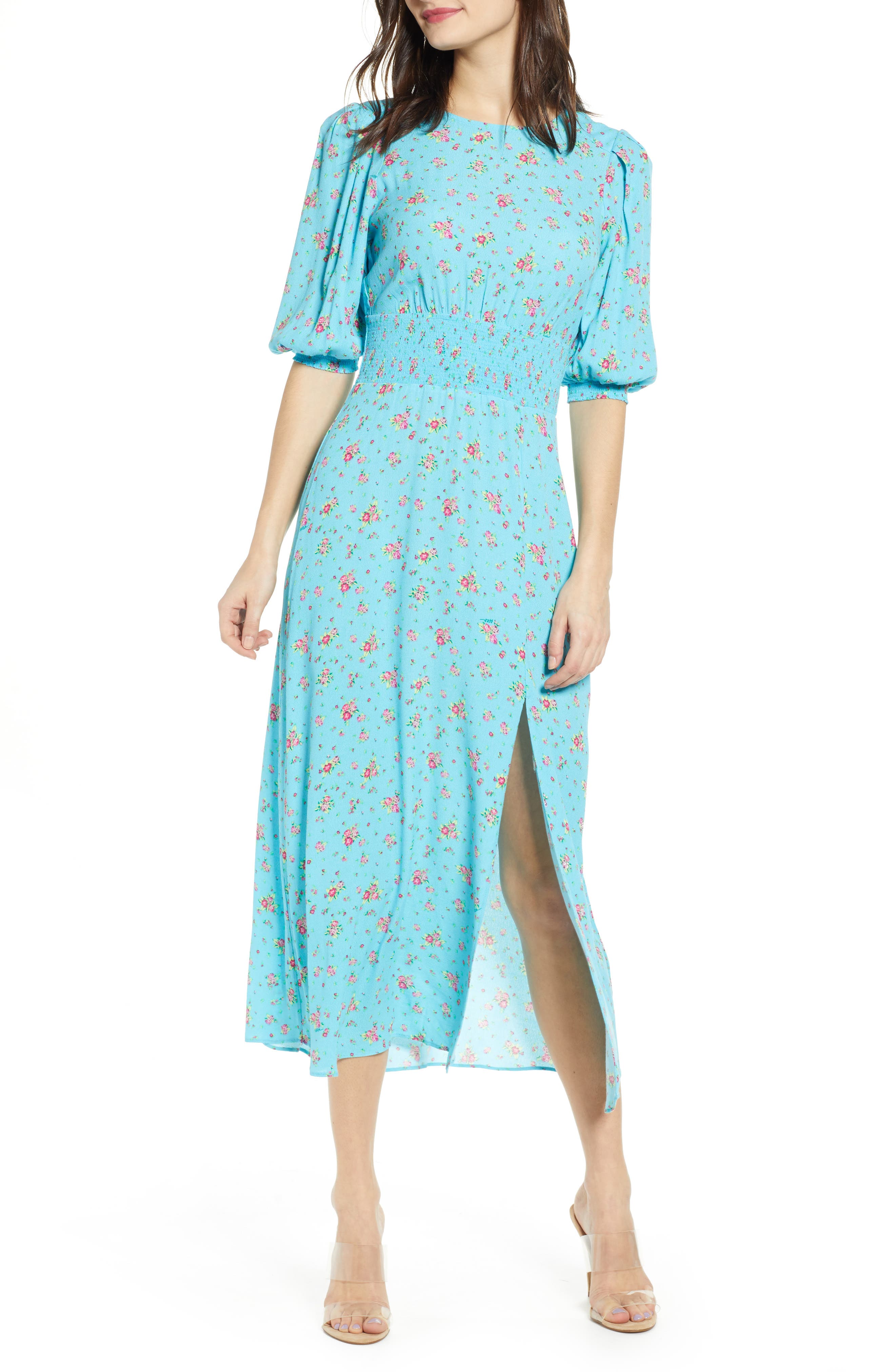 Afrm Print Smocked Waist Midi Dress, Blue