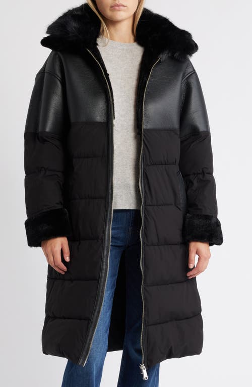 Shop Sam Edelman Mixed Media Faux Shearling Puffer Coat With Removable Hood In Black