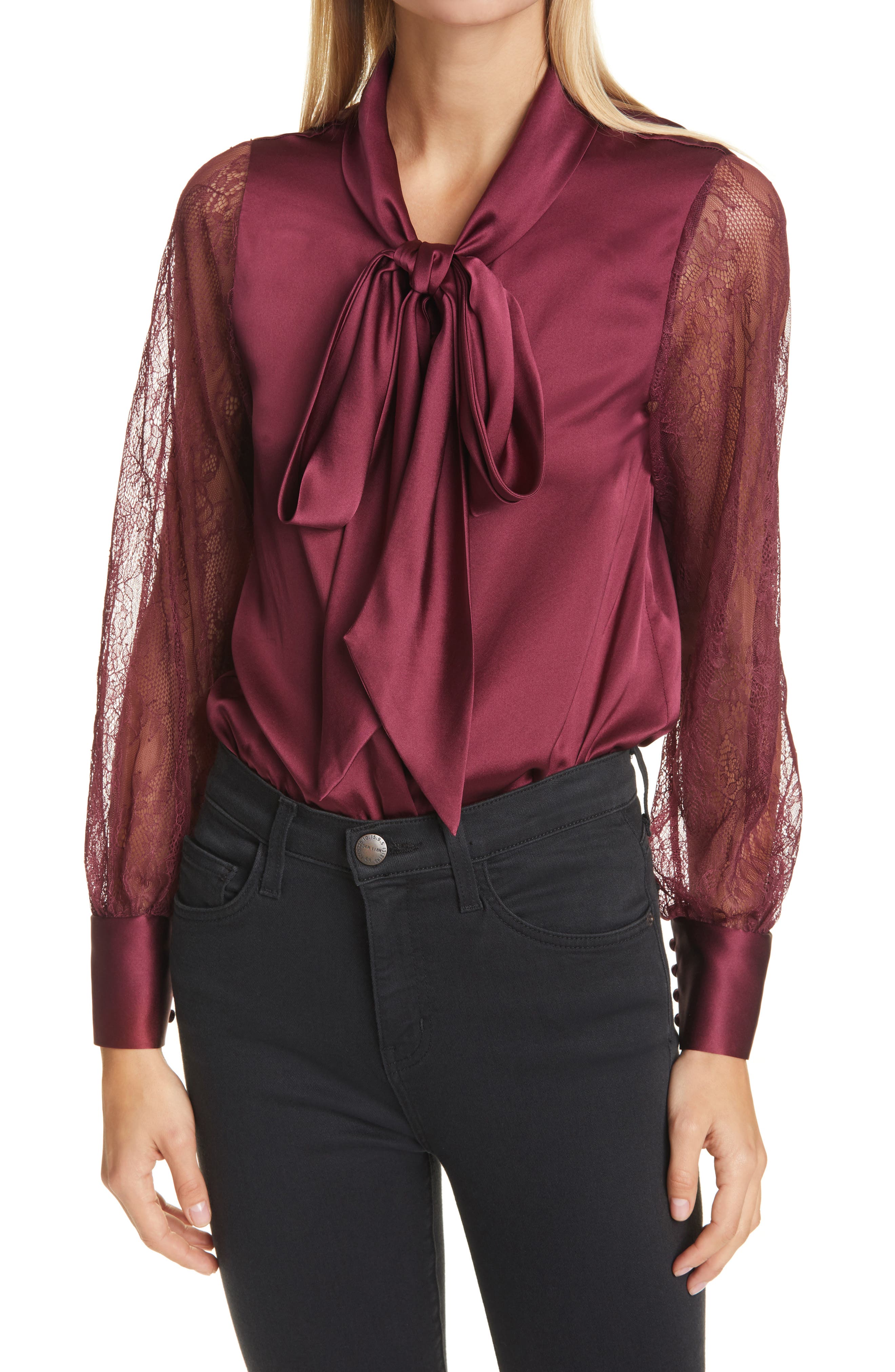 Cami NYC Top Camberlyn Women's Medium Cabernet Burgundy Lace orders Sleeve 100% Silk