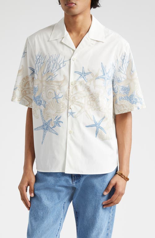 Versace Barocco Sea Print Camp Shirt In White Dusty Blue Bone