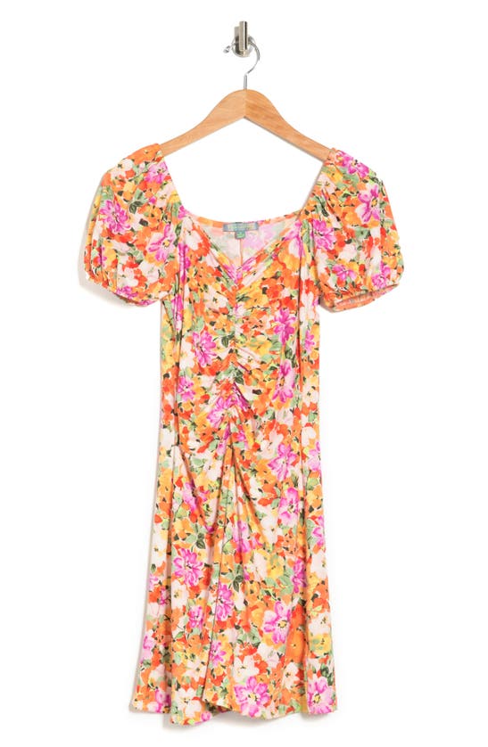 Good Luck Gem Puff Sleeve Ruched Dress In Orange/ Green Floral Print