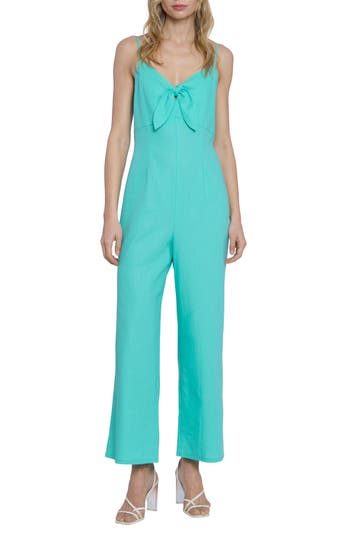 Donna Morgan For Maggy Tie Front Linen Blend Jumpsuit In Electric Green Blue