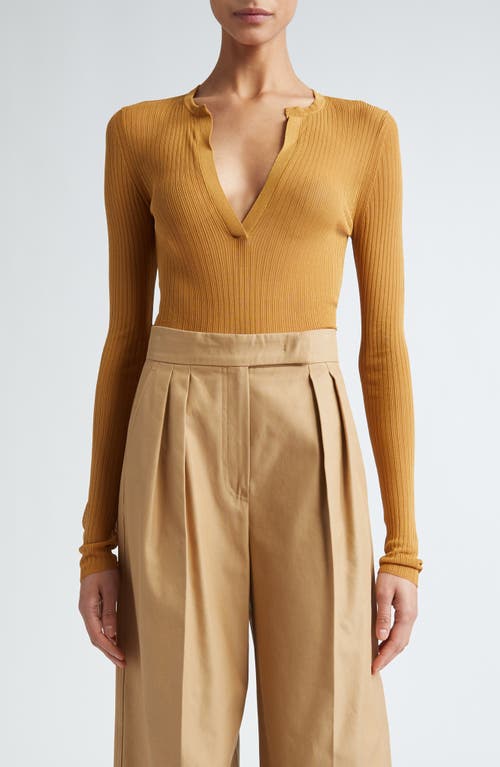 Max Mara Saggina Split Neck Rib Silk Top Tobacco at Nordstrom,