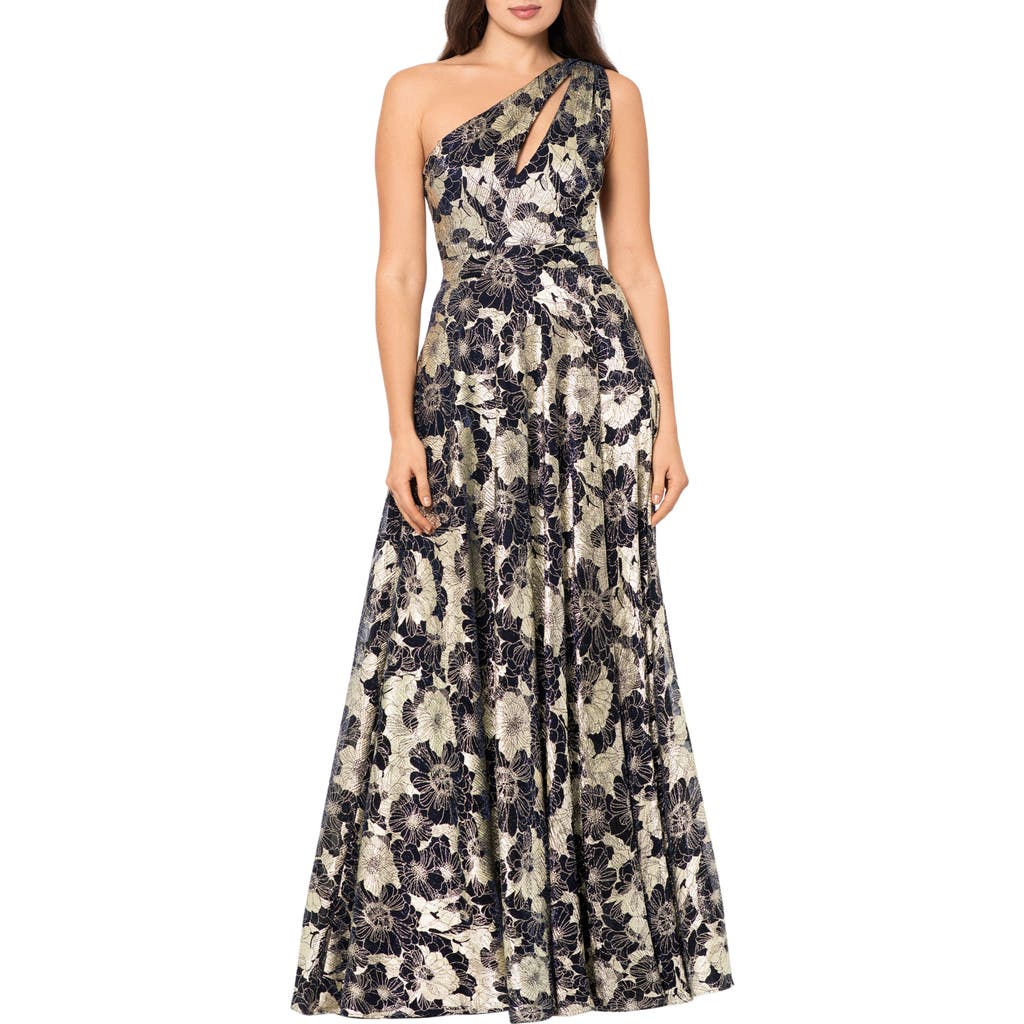 Betsy & Adam Metallic Floral One-shoulder Sheath Gown In Navy/gold
