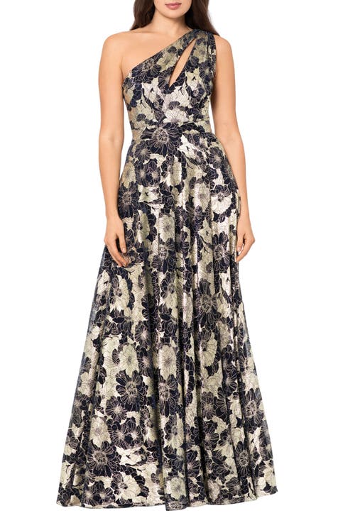 Metallic Floral One-Shoulder Sheath Gown (Petite)