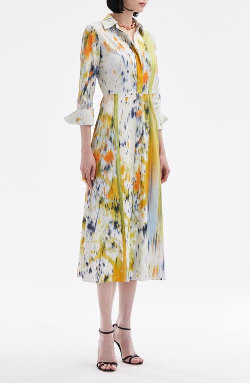 OSCAR DE LA RENTA OSCAR DE LA RENTA ABSTRACT BRUSHSTROKE PRINT LONG SLEEVE MIDI SHIRTDRESS 