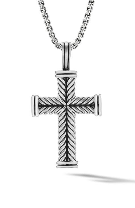 Chevron Cross Pendant in Sterling Silver with Pavé Diamonds