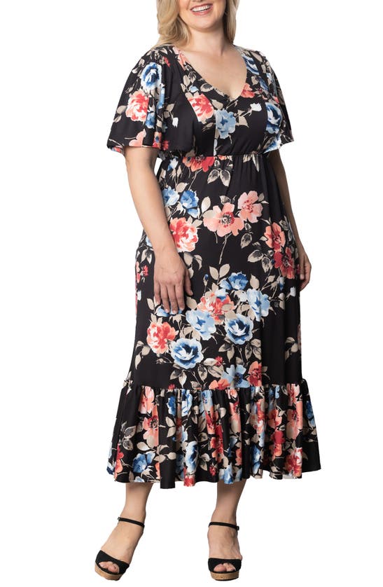 Shop Kiyonna Madrid Floral Flutter Sleeve Maxi Dress In Midnight Meadow