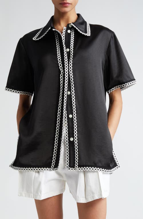 Lace Trim Short Sleeve Button-Up Shirt in Black