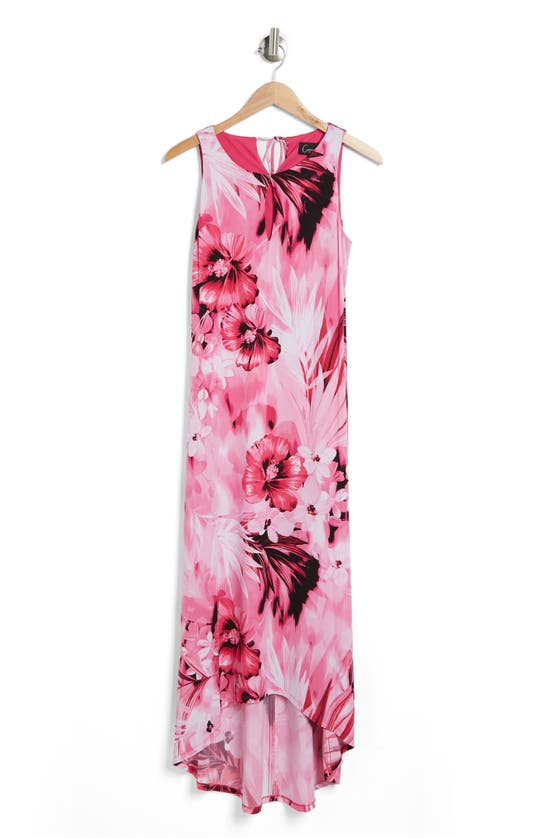 Connected Apparel Floral High-low Maxi Dress In Bright Fuschia