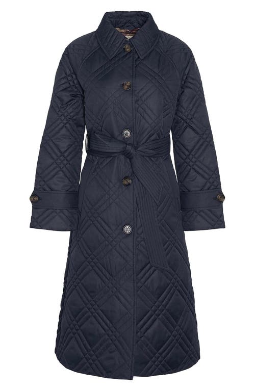 Barbour Mariah Womens Long Quilted Trench Coat In Black/muted Cabernet Tartan